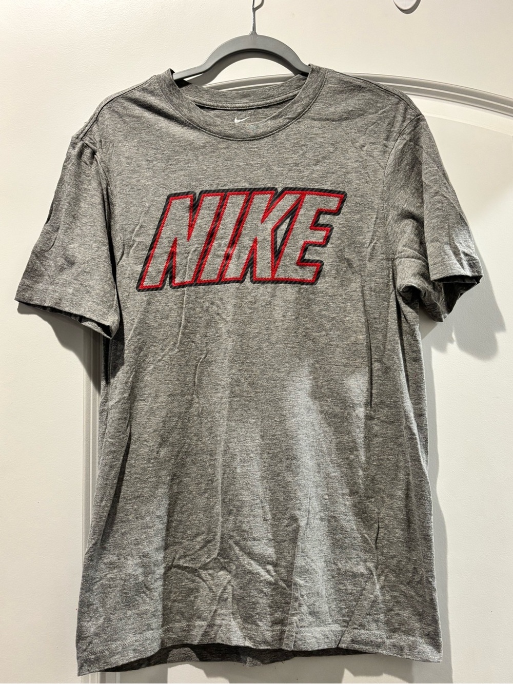 Nike Gray Short-Sleeve Tee with Red-Outlined Logo
